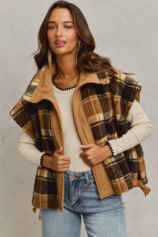 Plaid Sherpa Faux Oversized Vest Jacket