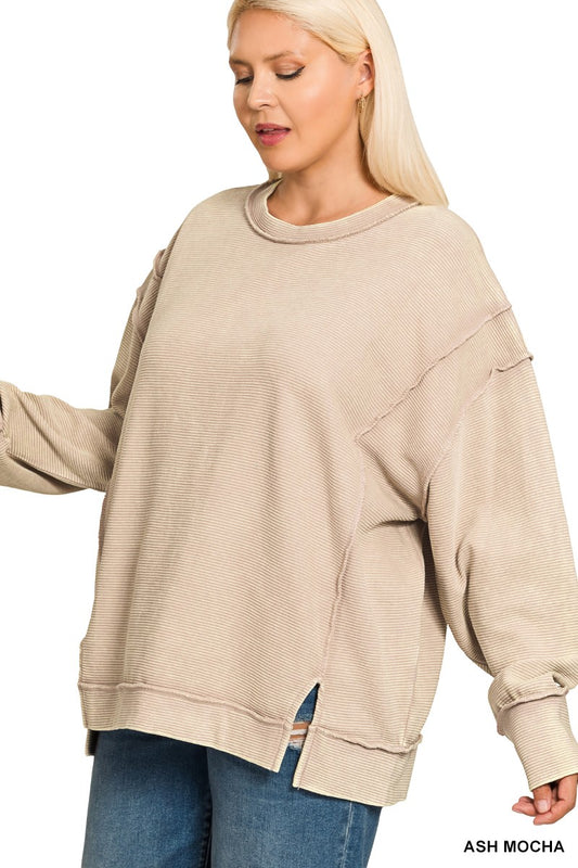 Plus Acid Washed Double Ribbed Expsd-seam Pullover