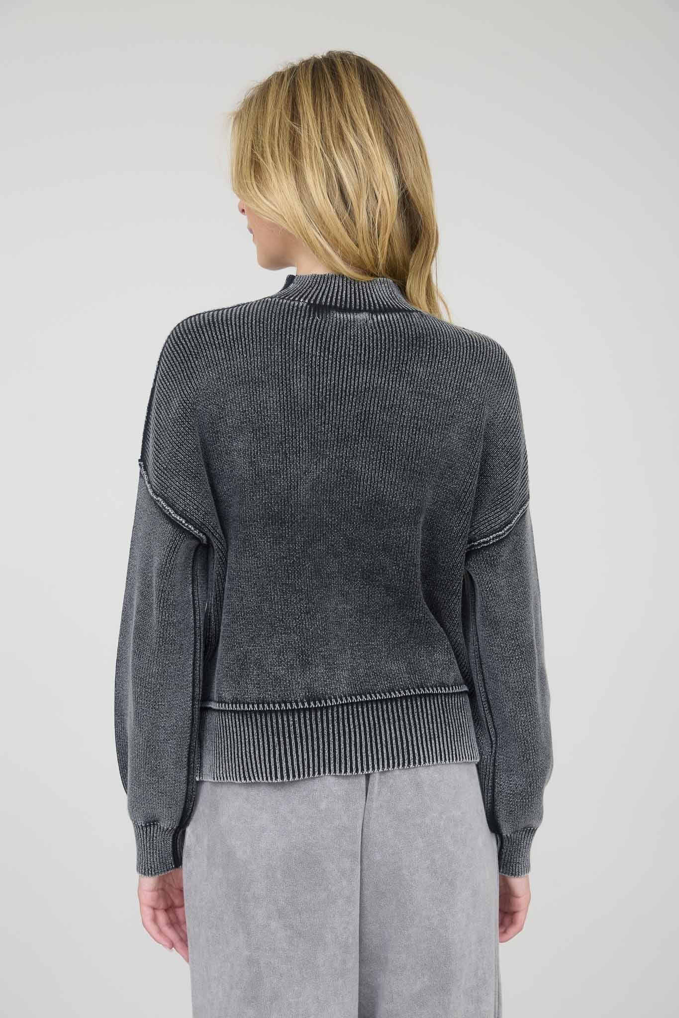 J5FT1009	 Washed Mock Neck Long Sleeve Knit Pullover Sweater