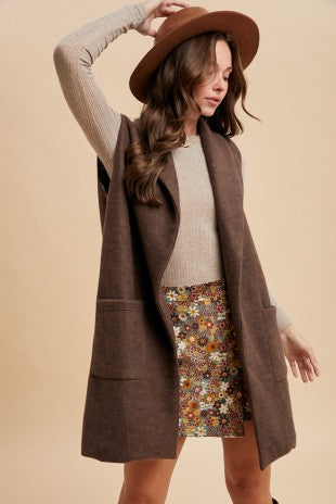 Brushed Knit Shawl Collar Open Long Vest