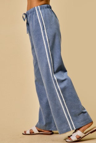 Lace Trim Elastic Waist Mid Rise Wide Denim Pants