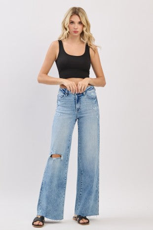 High Rise Wide Leg Jeans W/ Raw Frayed Hem