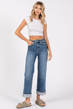 High Rise Stretch Relaxed Straight W/ Cuffed Hem