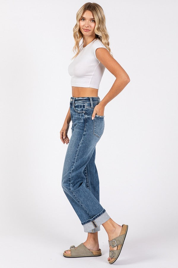High Rise Stretch Relaxed Straight W/ Cuffed Hem