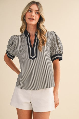 Striped Contrast Binding Collared Top