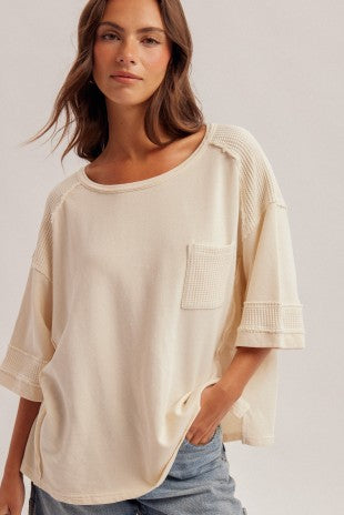 Waffle Fabric Mixed Loose Fit Washed Top