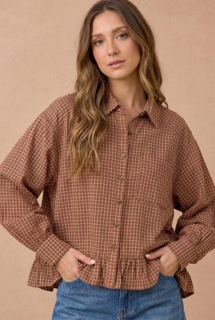 Collared Check Babydoll Peplum Shirt