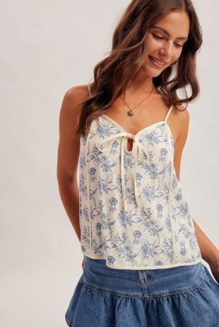 Floral Print Sweetheart Neck Ribbon Tie Front Cami Top