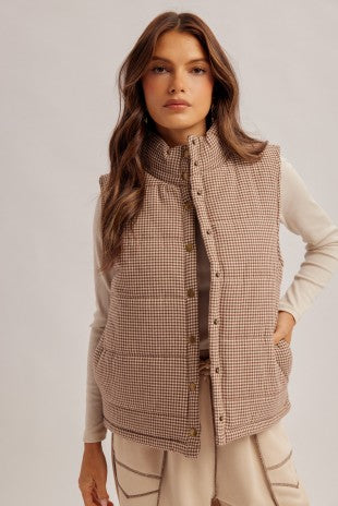 Floral Print Lined Gingham Puffer Vest