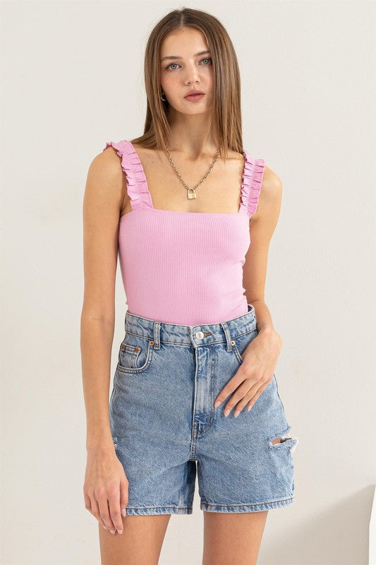 RIBBED RUFFLE STRAP BODYSUIT