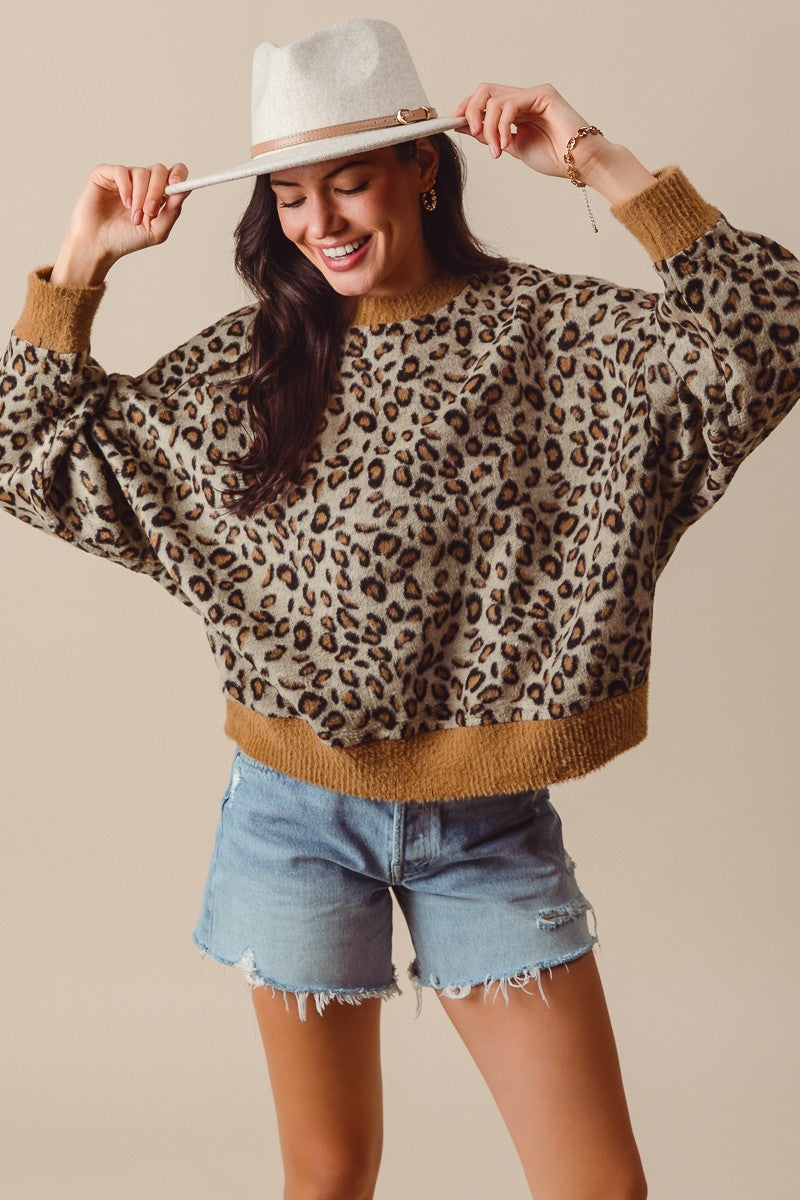 Fuzzy Leopard Knit Top With Contrast Rib Edges