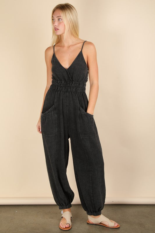 Mineral Washed Cotton Gauze Casual Jumpsuit