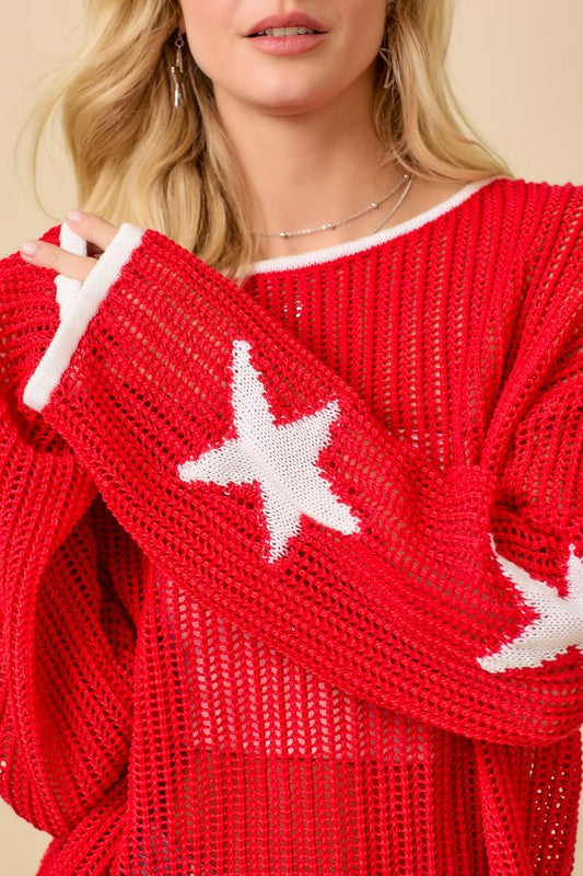 4th Of July Boat Neck Crochet Sweater Knit Top