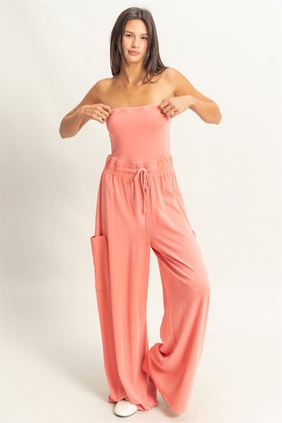 Tube Top Drawstring Waist Jumpsuit- Dark Taupe