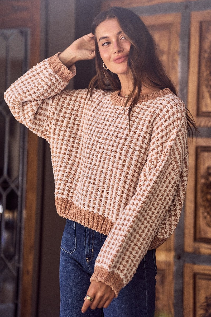Chenille Two Tone Crew Neck Sweater Knit Top