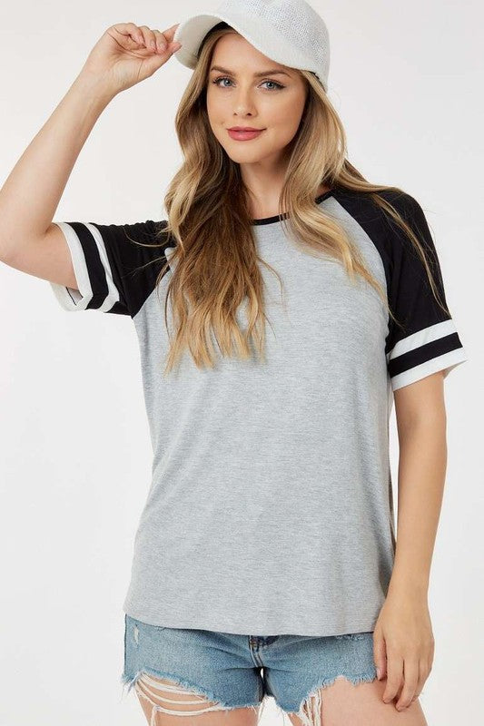 SS Round Neck Top with Striped Arms