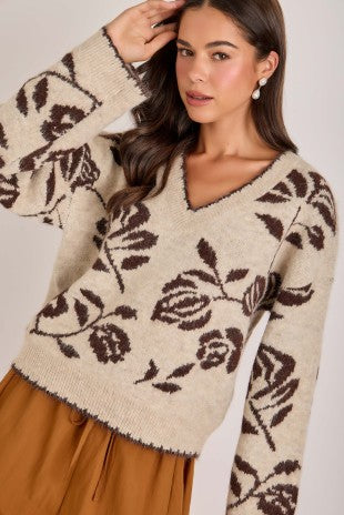 Floral Botanical Pattern Inspired Brushed Sweater Top
