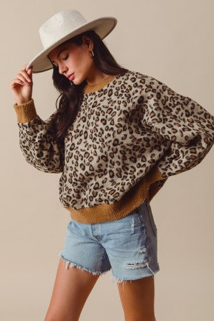 Fuzzy Leopard Knit Top With Contrast Rib Edges