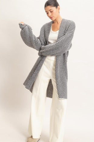 Herringbone Pattern Open-front Cardigan