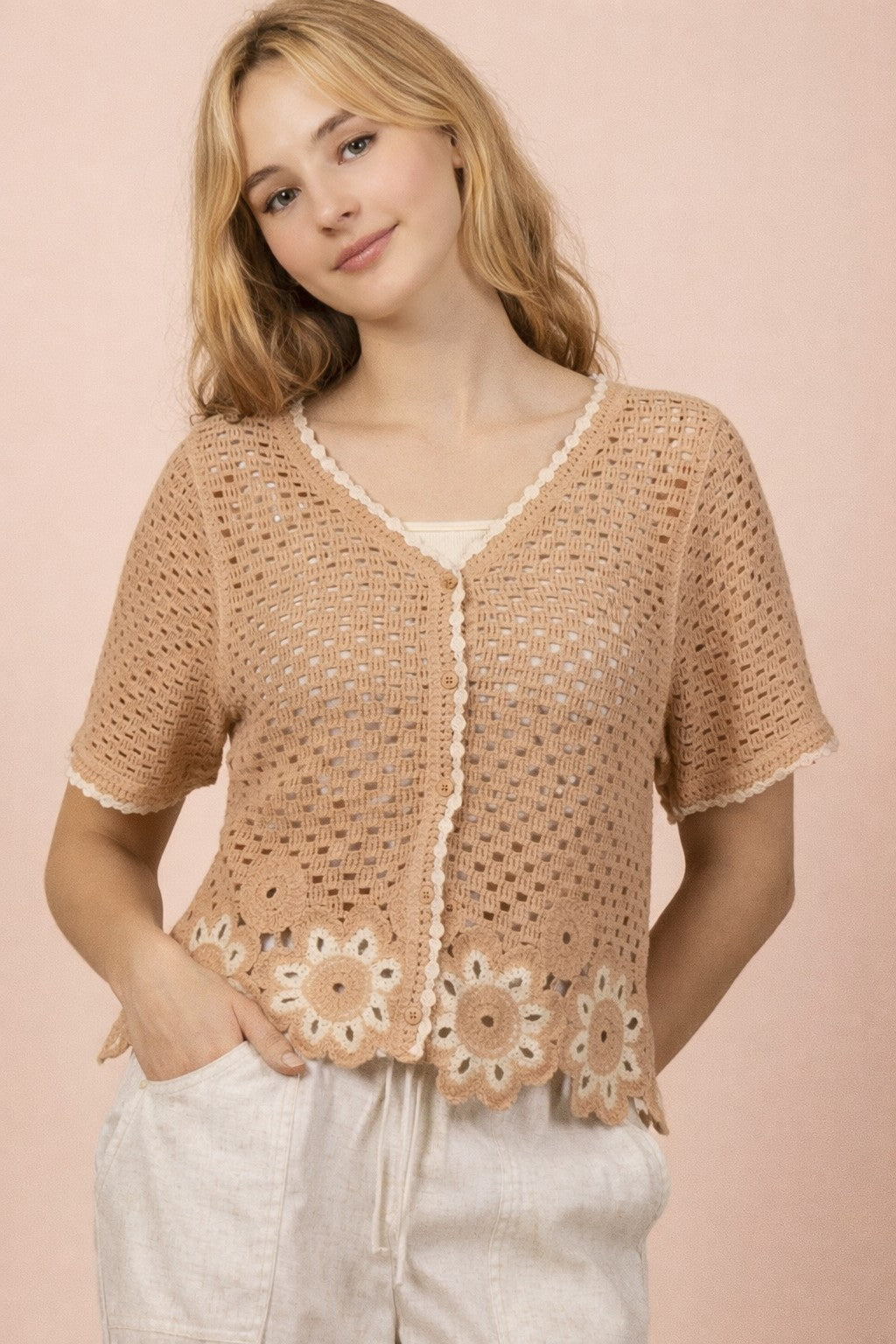 Floral Hem Crochet Button Down Top