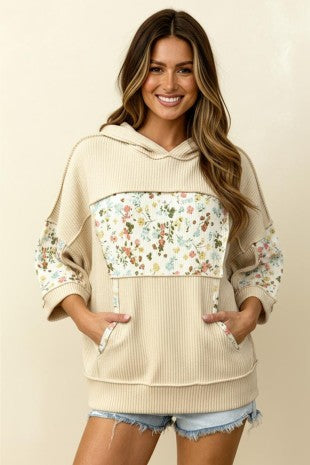 Rib Floral Hoodie With Kangaroo Pocket