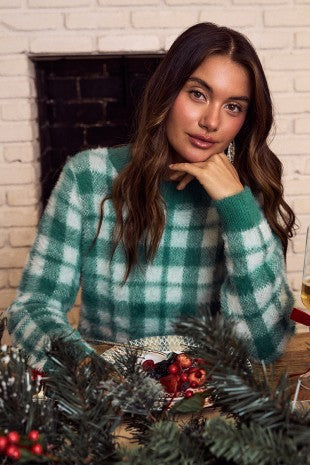 Holiday Christmas Plaid Eyelash Sweater Top