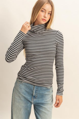 Striped Turtleneck Fitted Knit Top