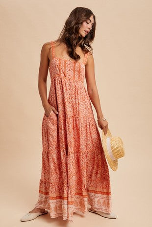 Border Print Sleeveless Maxi Dress
