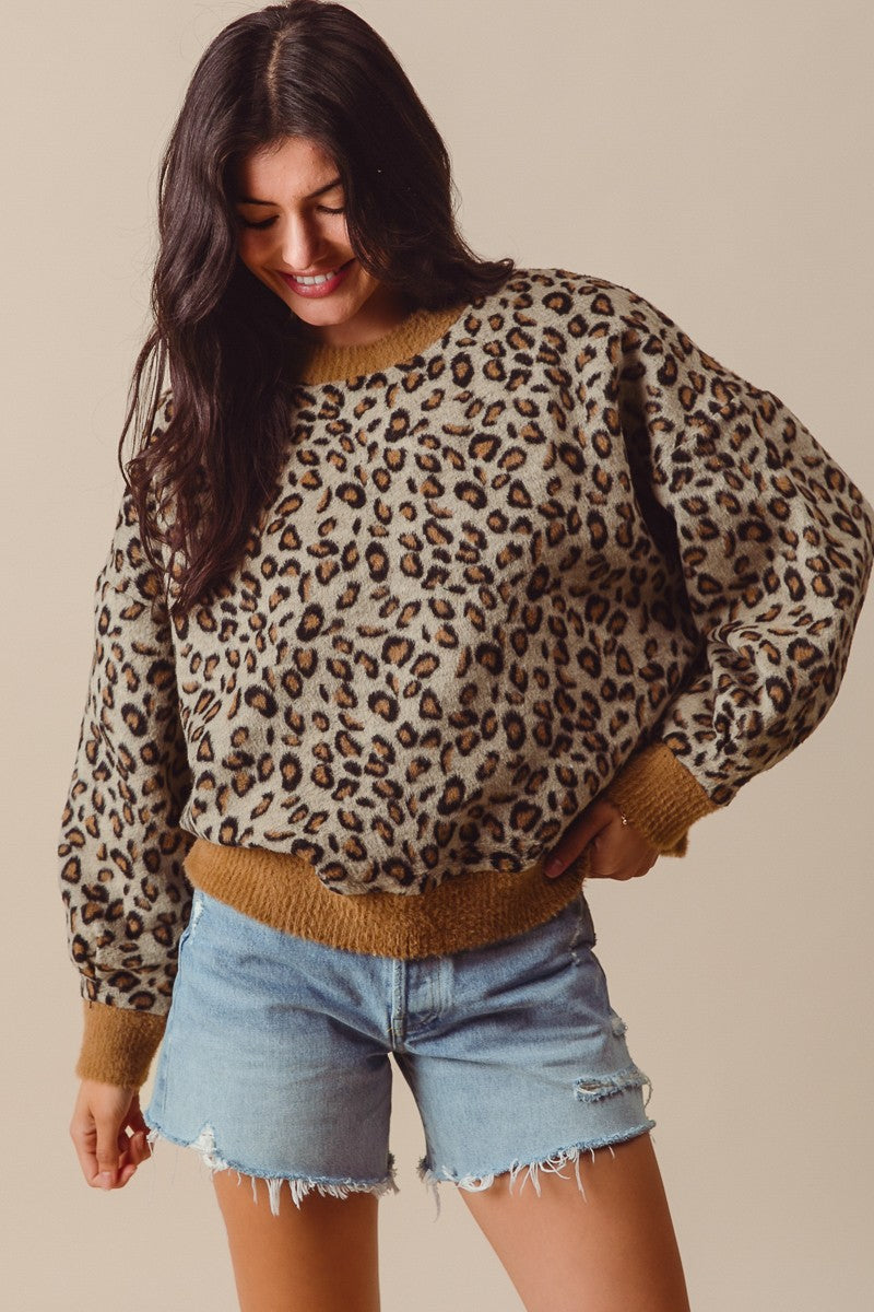 Fuzzy Leopard Knit Top With Contrast Rib Edges