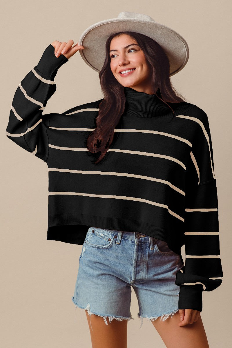 LOOSE FIT STRIPE TURTLE NECK SWEATER TOP