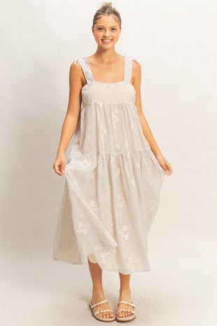 Tiered Gingham Dress With Embroidery