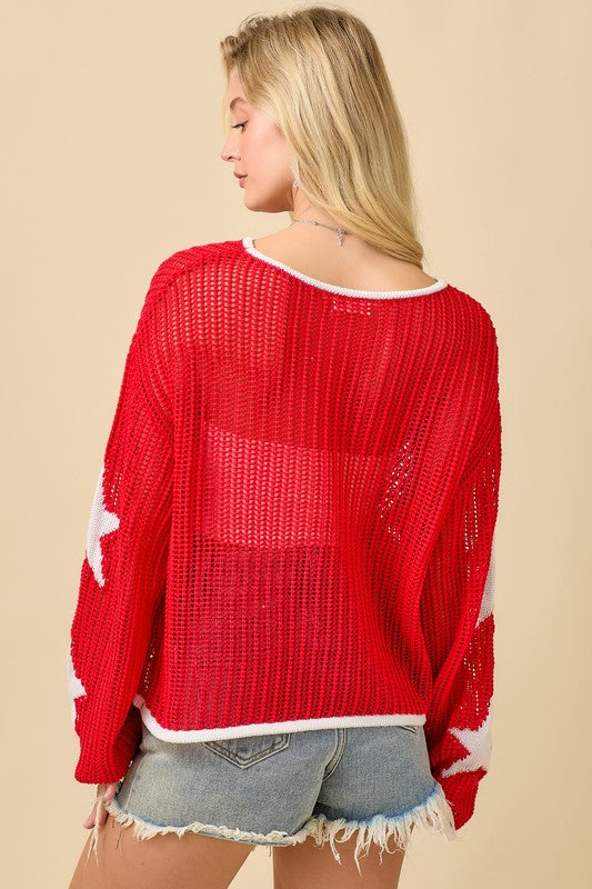 4th Of July Boat Neck Crochet Sweater Knit Top